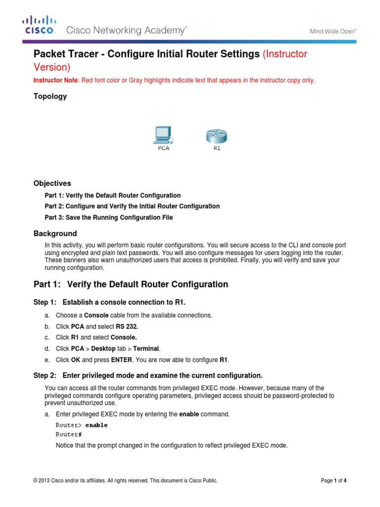 6.4.1.2 Packet Tracer - Configure Initial Router Settings Instructions IG |  PDF | Command Line Interface | Password