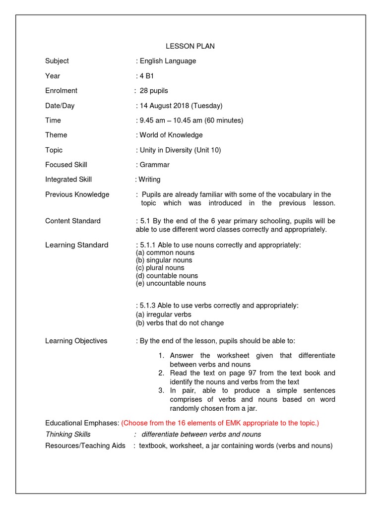 Grade 4 English Nouns and Verbs Lesson Plan | PDF | Noun | Verb