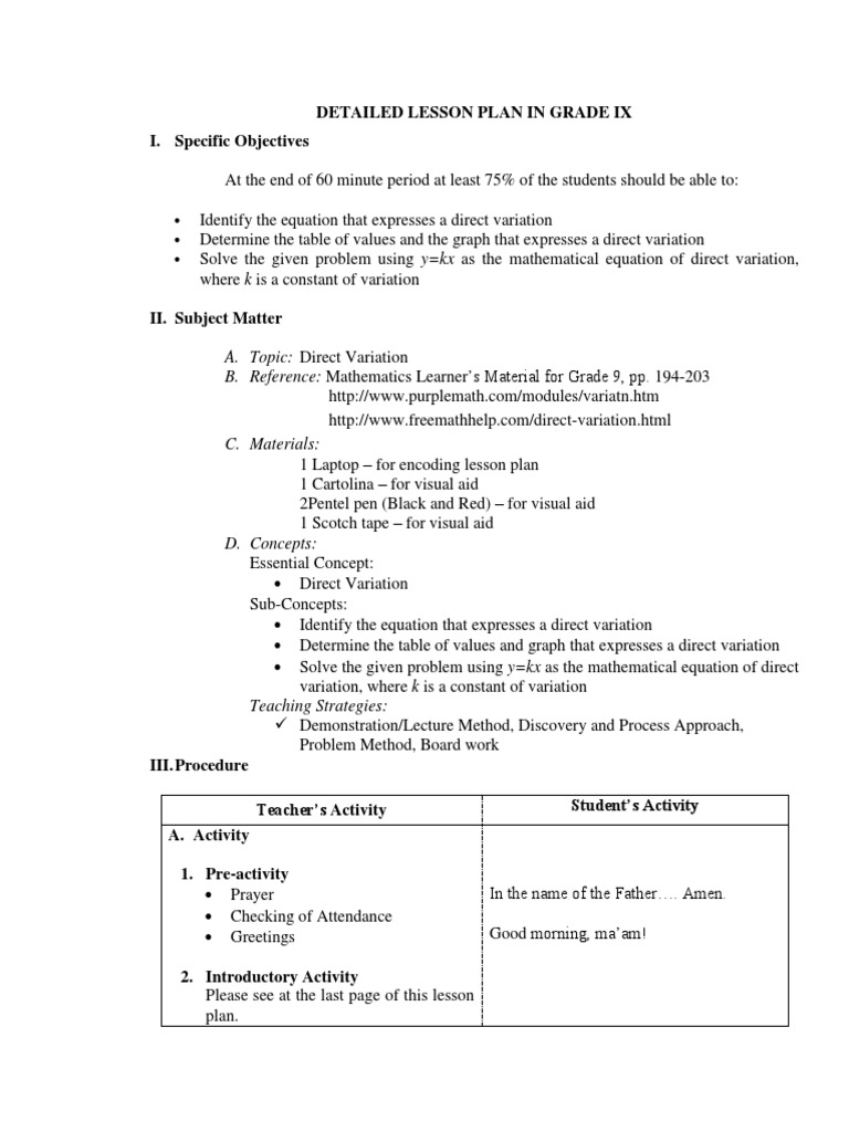 Grade 9 Direct Variation Lesson Plan | PDF | Cognition | Teaching ...