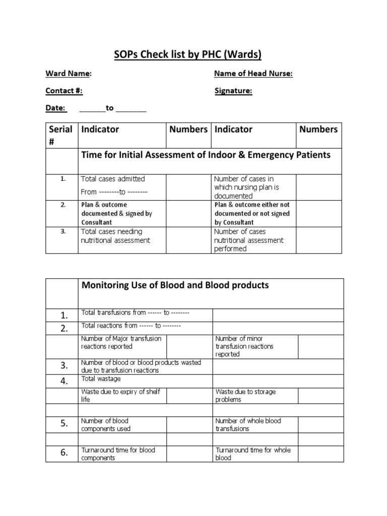 PHC SOPs Checklist for Healthcare Monitoring | PDF | Anesthesia ...