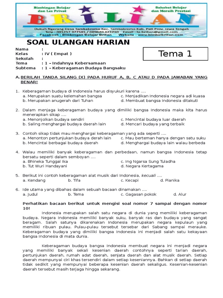 Soal K13 Kelas 4 Sd Tema 1 Subtema 1 Keberagaman Budaya Bangsaku Dan Kunci Jawaban Pdf Pdf