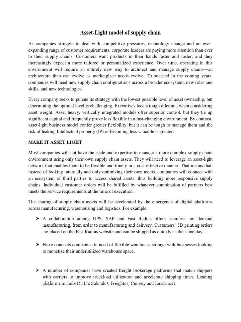 AssetLight Model of Supply Chain PDF Supply Chain Warehouse