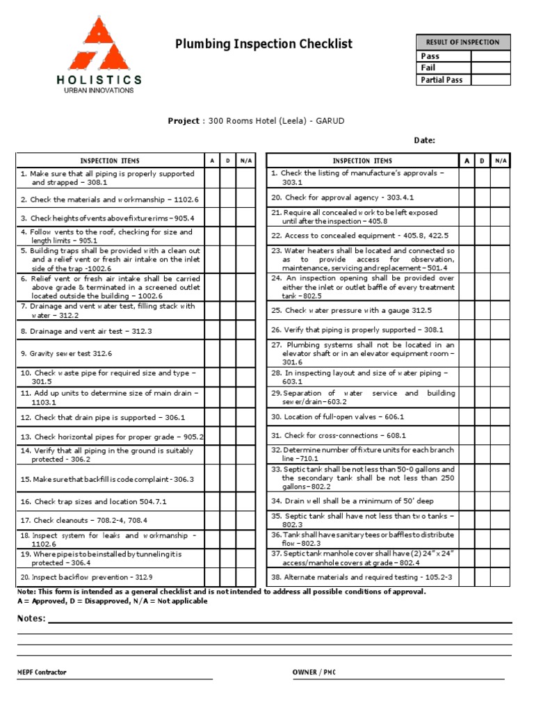Plumbing Inspection Checklist: Pass Fail Partial Pass | PDF | Plumbing ... image.