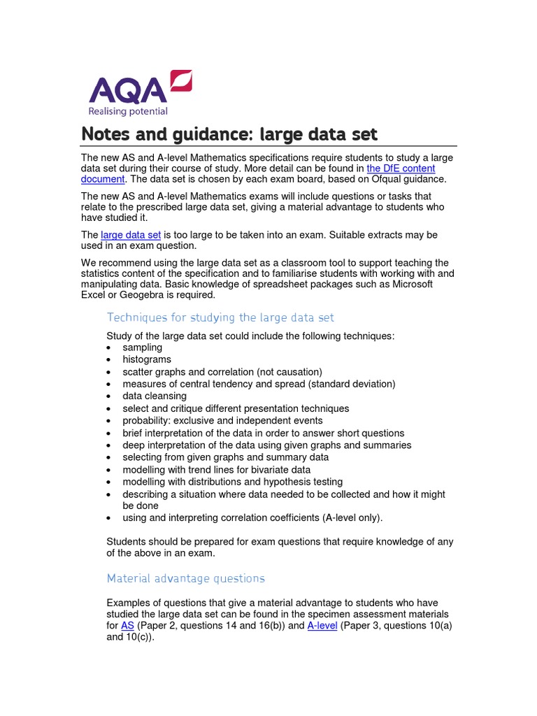 A-Level Maths Large Data Set Guide | PDF | Gce Advanced Level (United ...