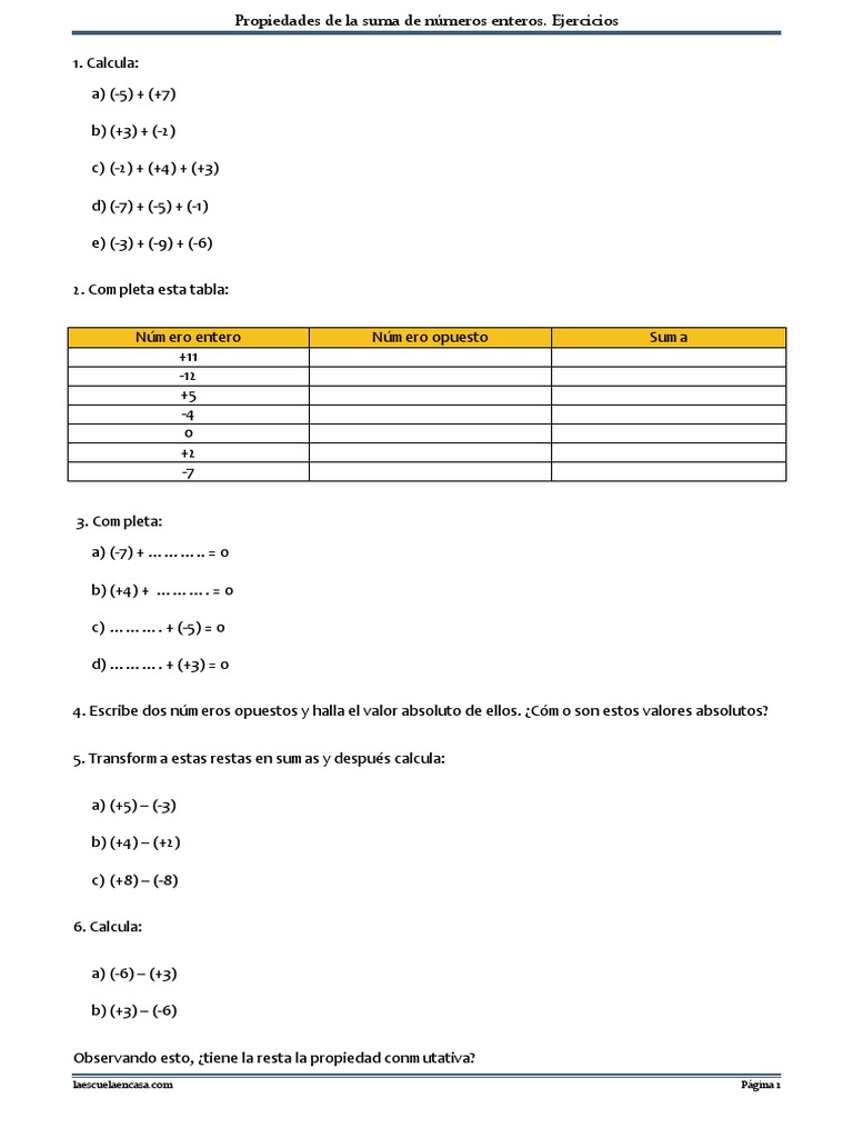 Sumas y Restas de Números Enteros Con Paréntesis | PDF, image size:768x1024
