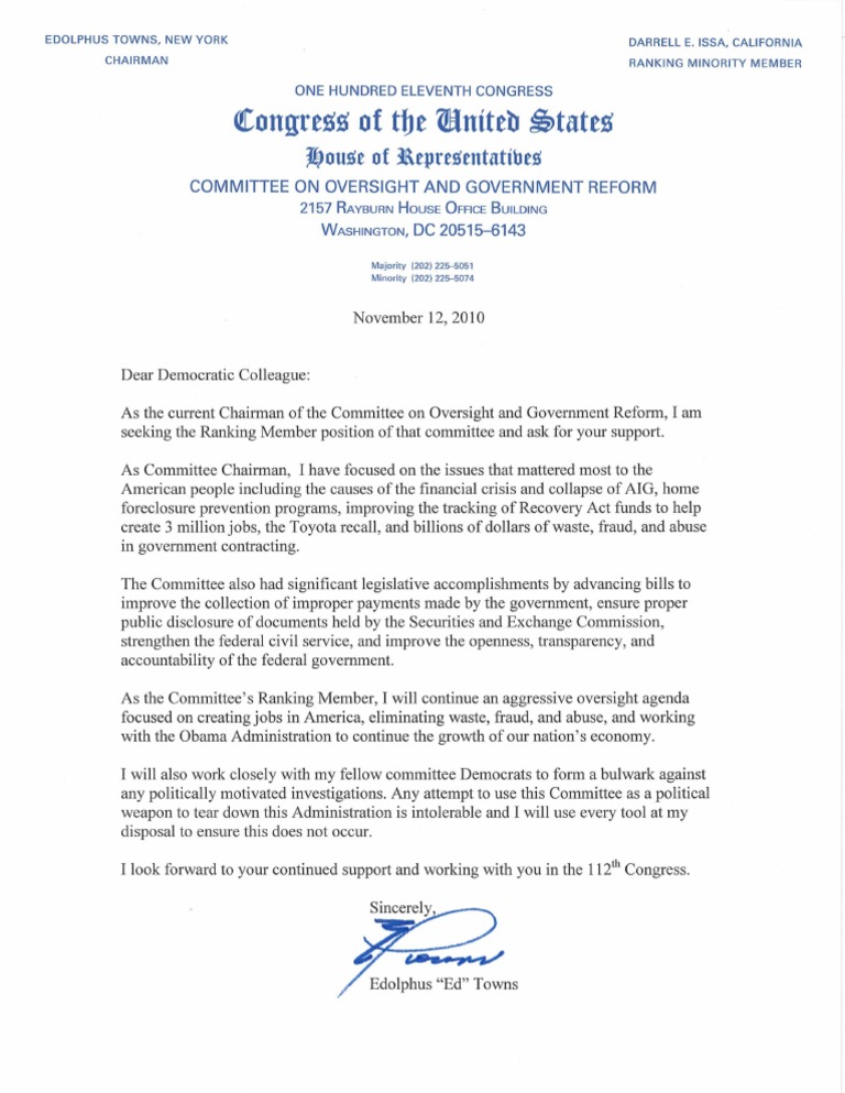Towns Dear Colleague Letter PDF United States House Committee On