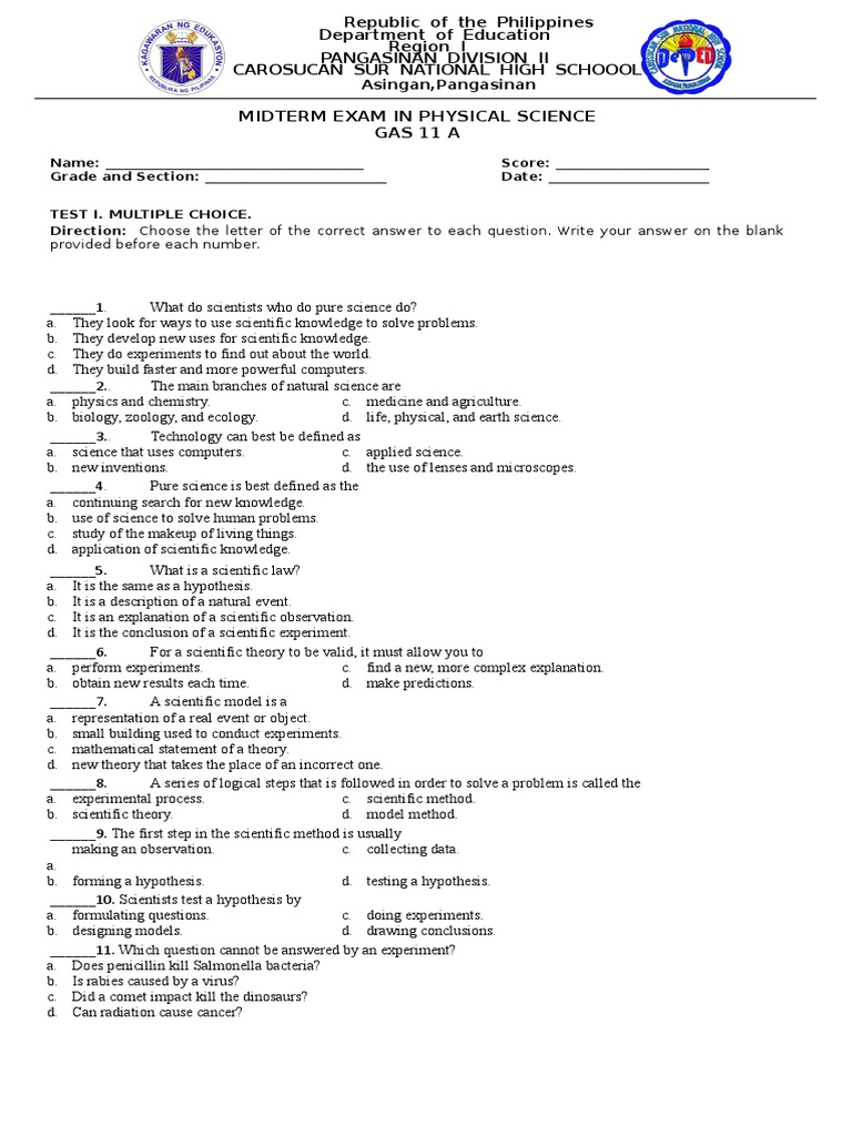 1st Physical Science | PDF | Scientific Method | Experiment