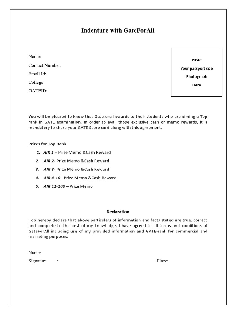 GATE Exam Indenture Agreement Form | PDF