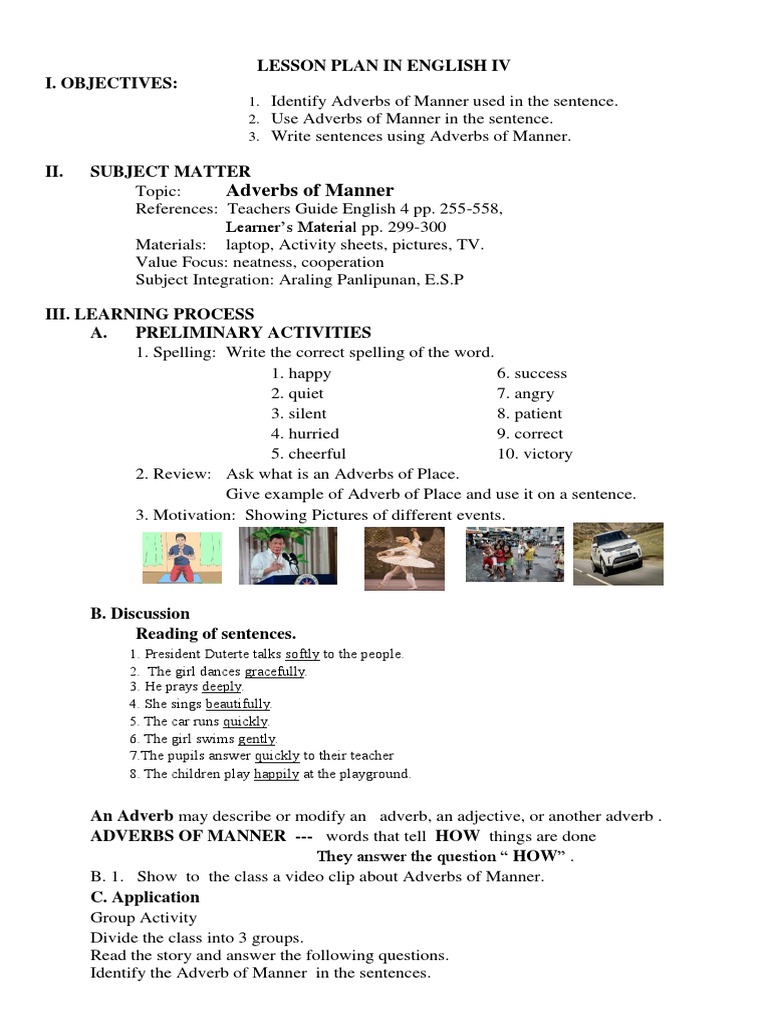 Adverbs of Manner Lesson Plan | PDF | Adverb | English Language