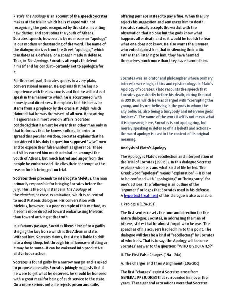 Platos Apology Summary PDF Apology (Plato) Socrates