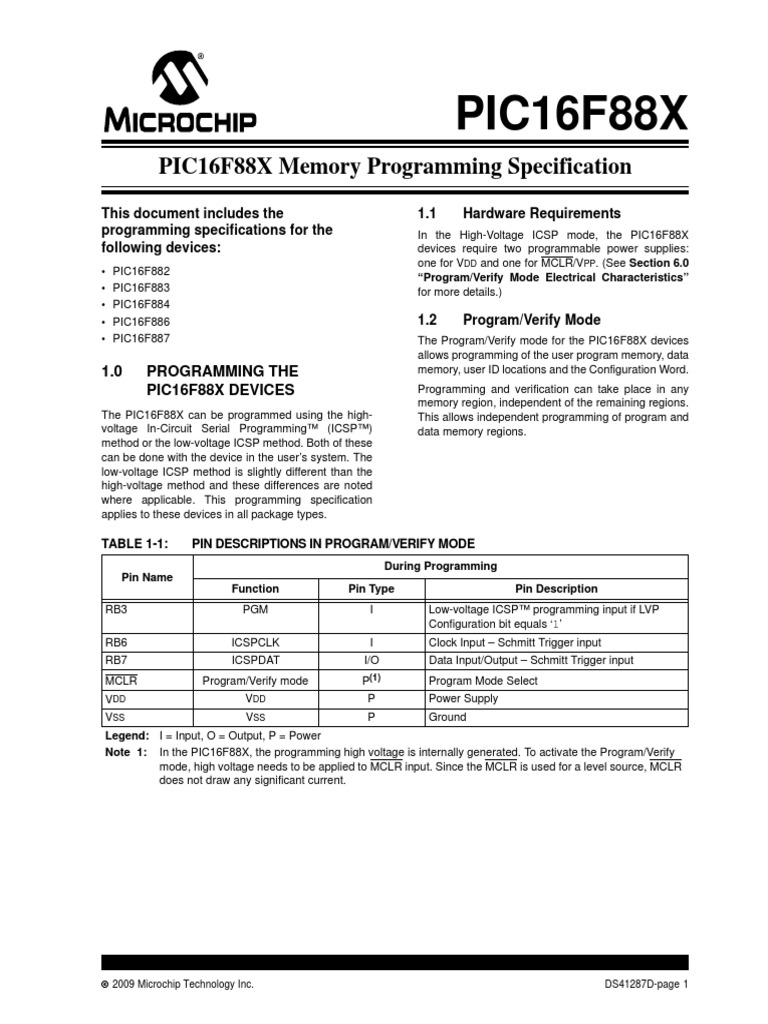 PIC16F88X Memory Programming Specification PDF | PDF | Computer Data ...