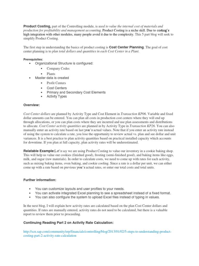 5 Steps To Understanding Product Costing Part 1 Cost Center Planning