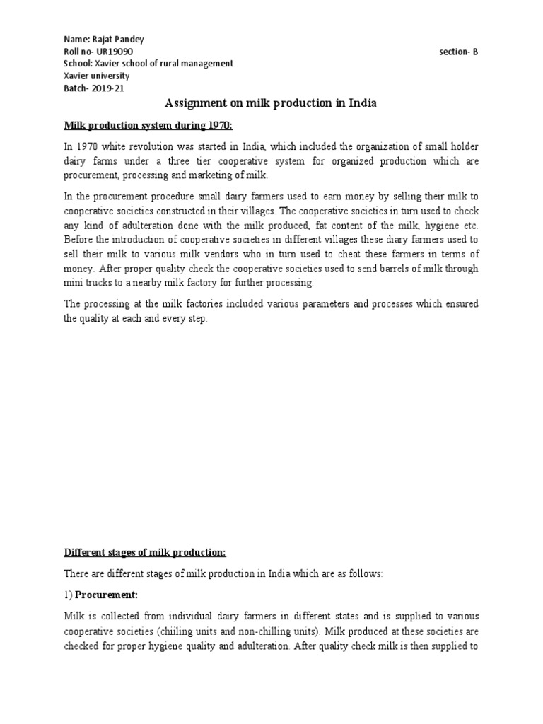 Assignment On Milk Production in India | PDF | Dairy | Dairy Farming