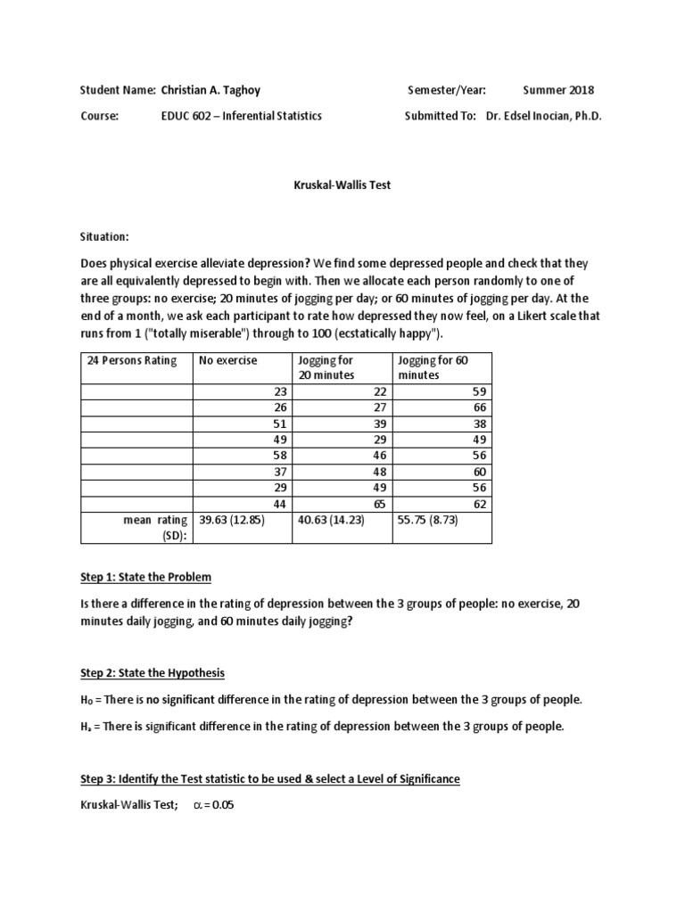 Kruskal Wallis Test Samplesituation Hypothesis PDF P Value Statistics