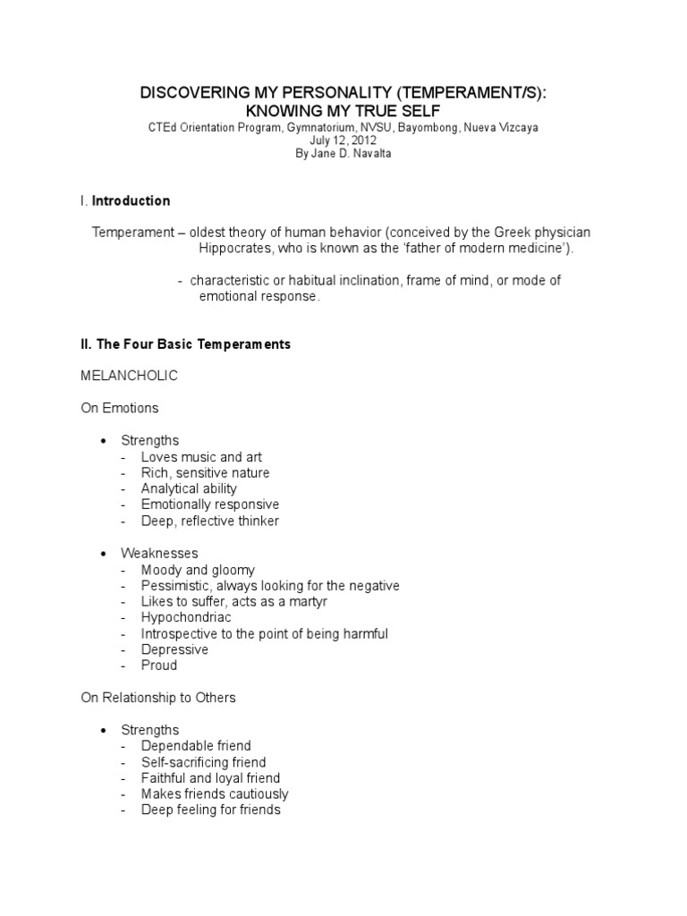 Discovering My Personality Temperament S Knowing My True Self Pdf