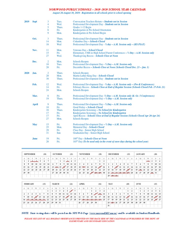Norwood Public Schools 20192020 School Year Calendar 2019 Sept