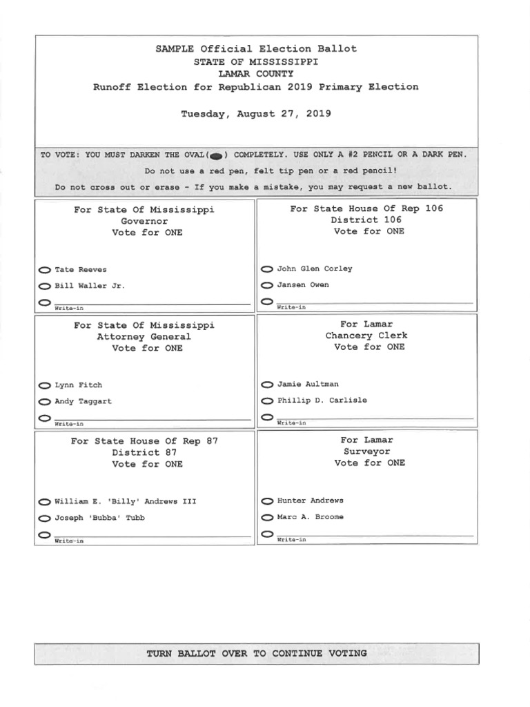 Lamar County 2019 Primary Runoff Election Sample Ballot