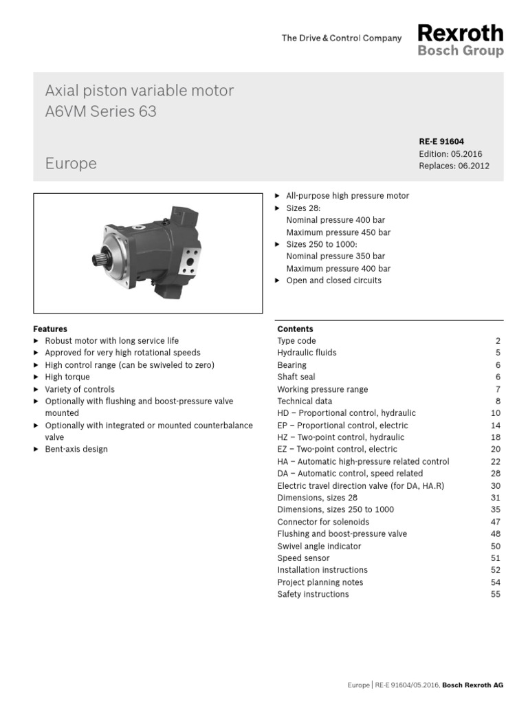 Axial Piston Variable Motor A6VM Series 63 Europe Europe REE 91604/05