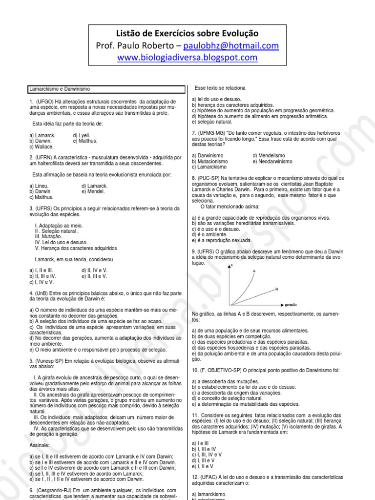 Listão de Exercícios Sobre Evolução | PDF | Seleção natural | Evolução