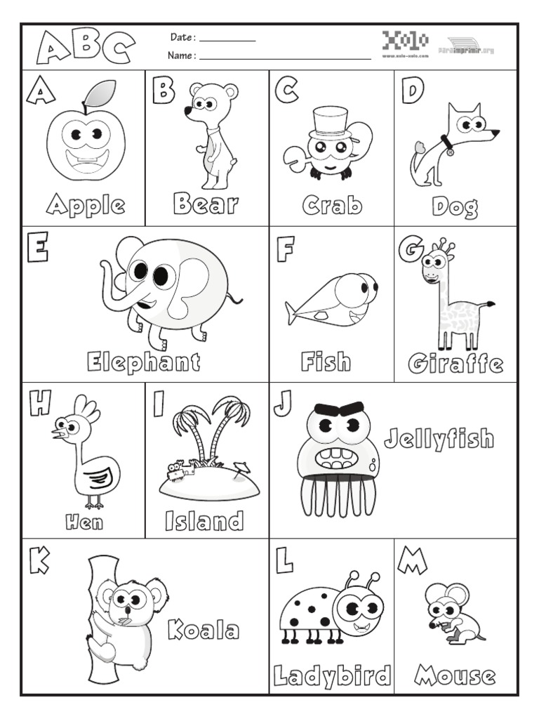 Imagen de un documento PDF con un abecedario en inglés para colorear e imprimir. El formato PDF asegura la compatibilidad y la calidad de impresión.