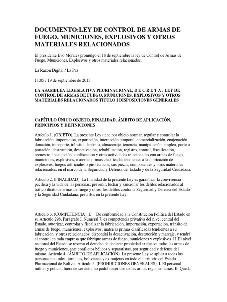 Bolivia Ley de Control DE Armas de Fuego PDF Derecho a mantener y