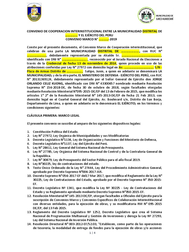 Modelo Convenio Marco Con Municipalidad | PDF | Perú | Gobierno