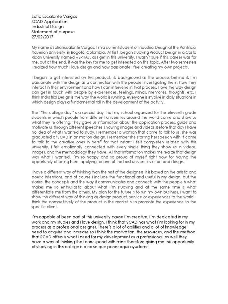 SCAD Application Industrial Design Statement of Purpose | PDF | Design ...