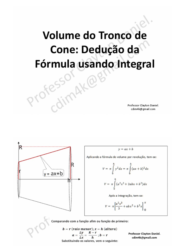 Volume Do Tronco De Cone Dedu o Da F rmula Usando Integral PDF 