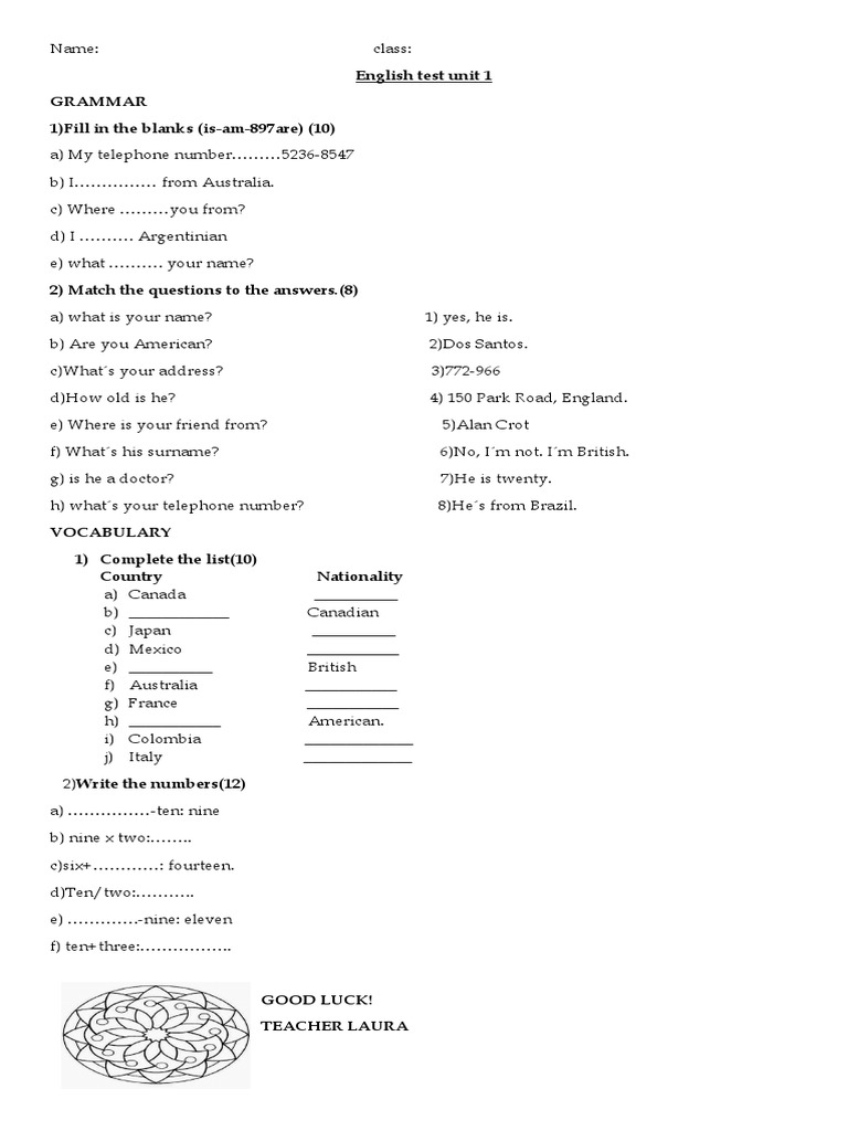 English Test Unit 1 Grammar 1) Fill in The Blanks (Is-Am-897are) | PDF