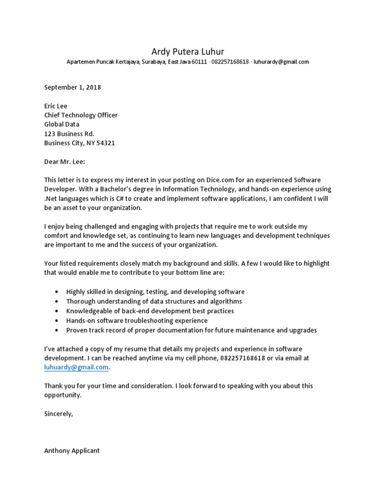 Software Developer Application Letter | PDF | Application Server | Software