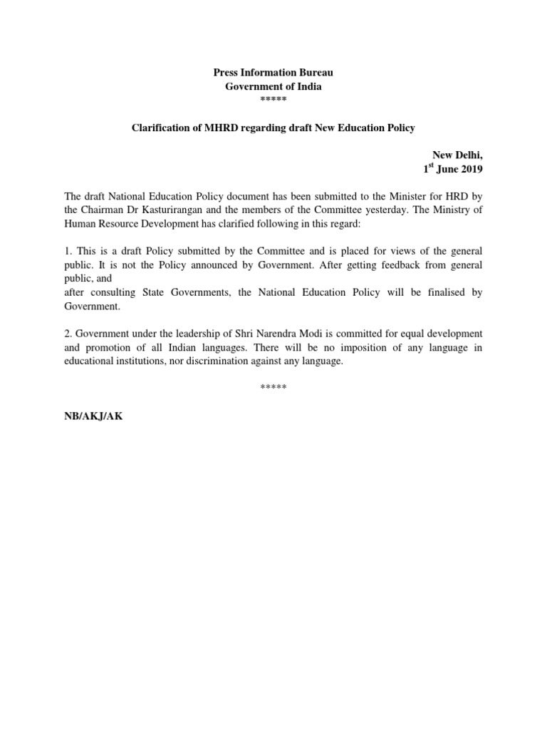 Clarification on Draft National Education Policy | PDF