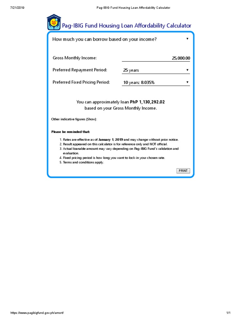 PagIBIG Fund Housing Loan Affordability Calculator PDF