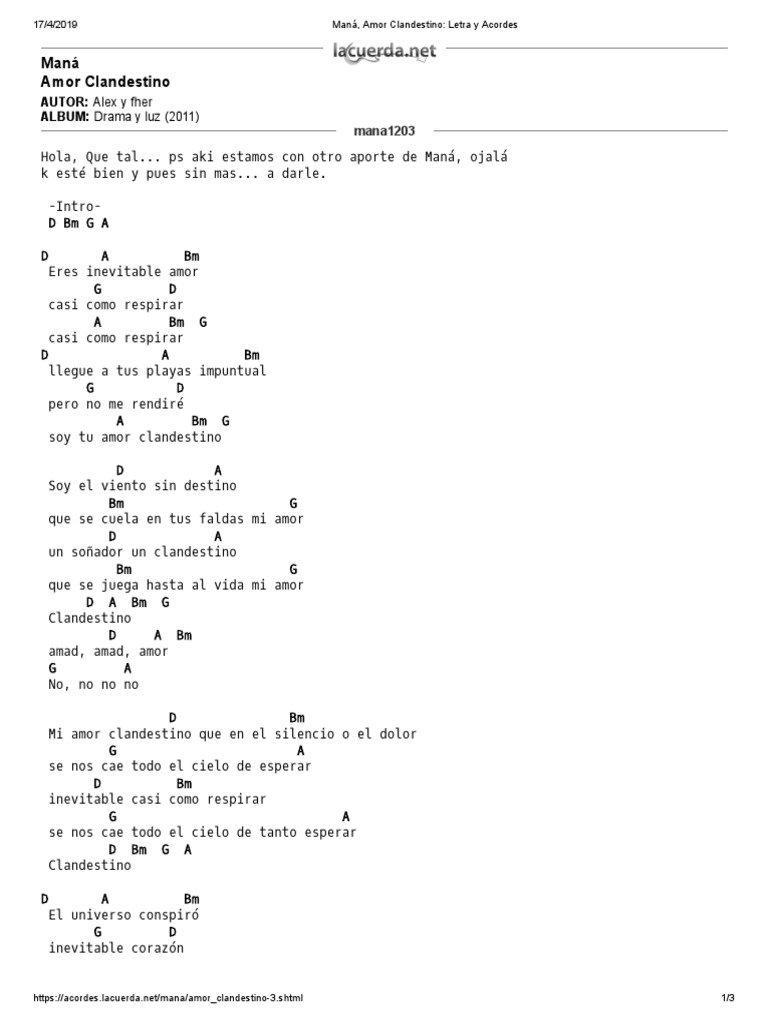 Mana Amor Clandestino Letra Y Acordes Pdf Entretenimiento General