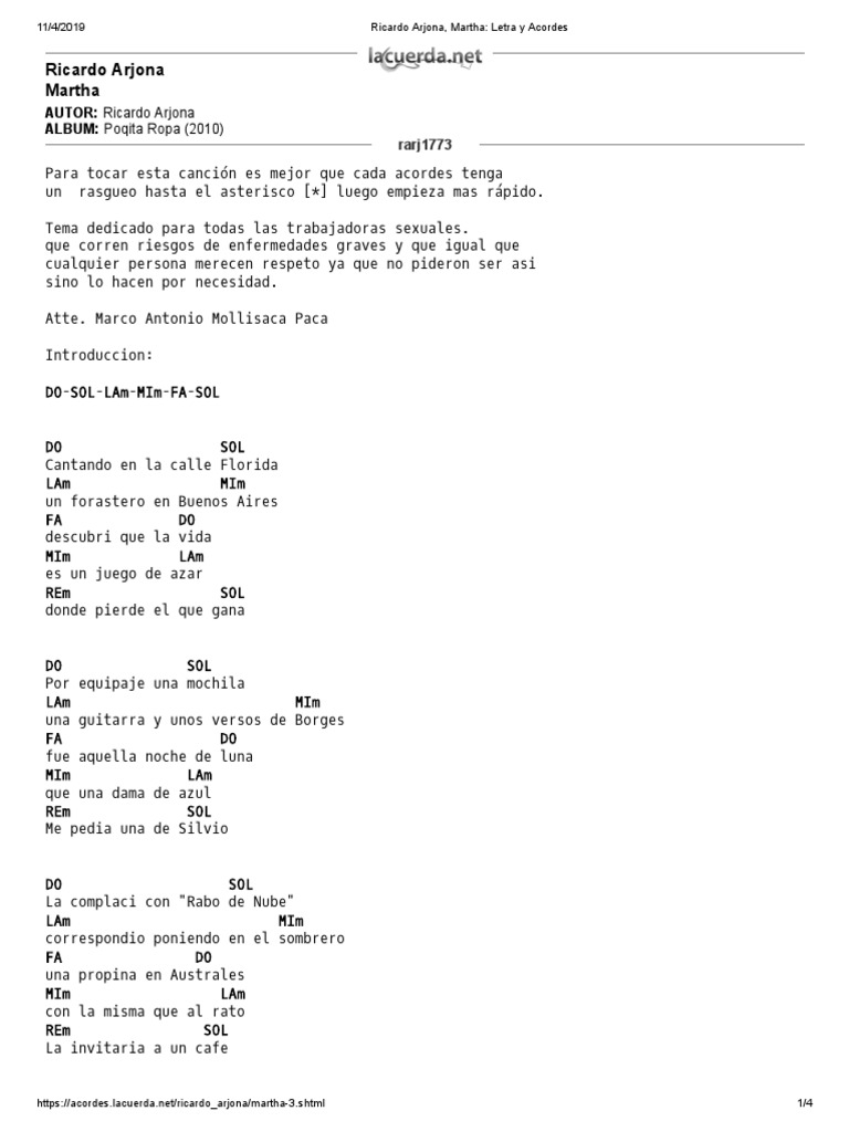 Ricardo Arjona, Martha - Letra y Acordes PDF | PDF | Entretenimiento ...