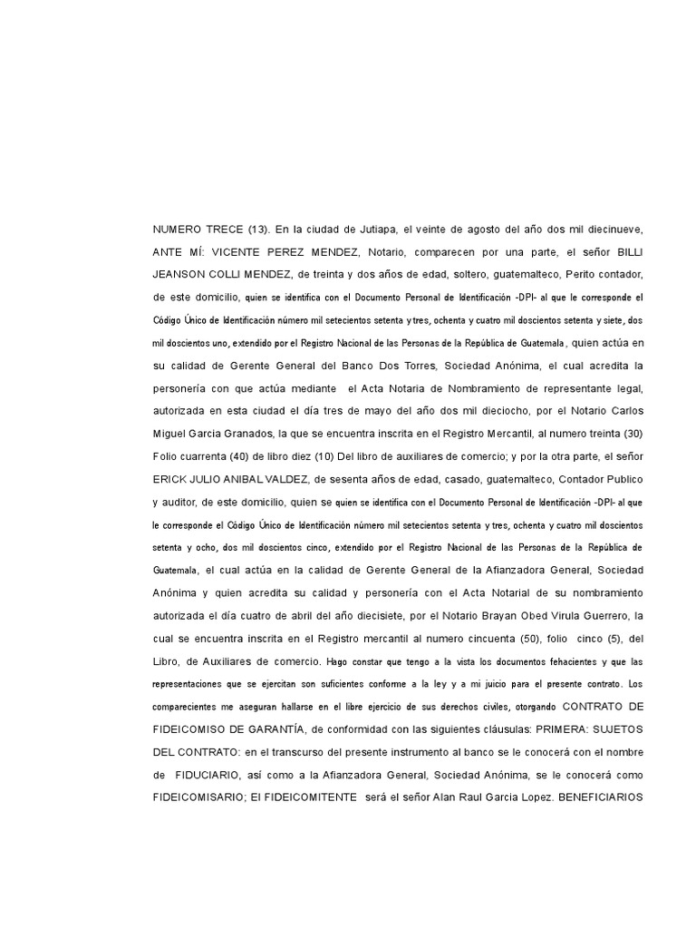 Contrato de Fideicomiso de Garantía en Jutiapa | PDF | Ley de ...