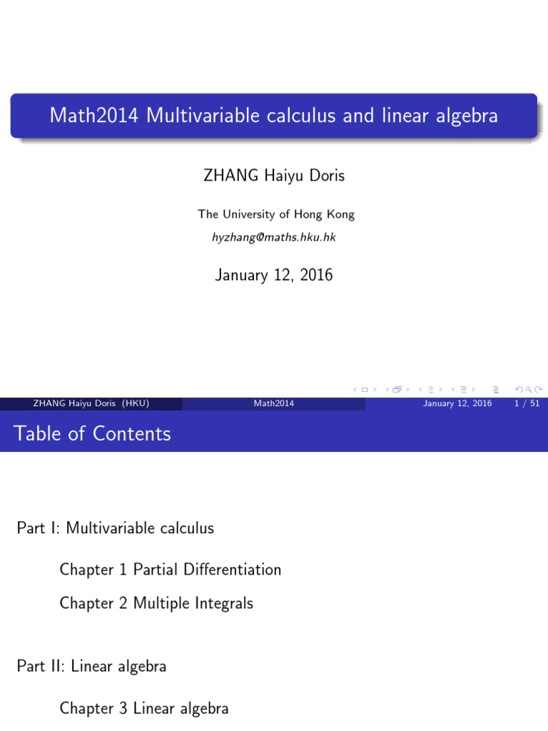 Math2014 Multivariable Calculus and Linear Algebra ZHANG Haiyu Doris PDF Derivative
