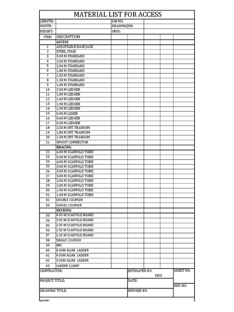 MATERIAL LIST.xls Construction Equipment Scaffolding