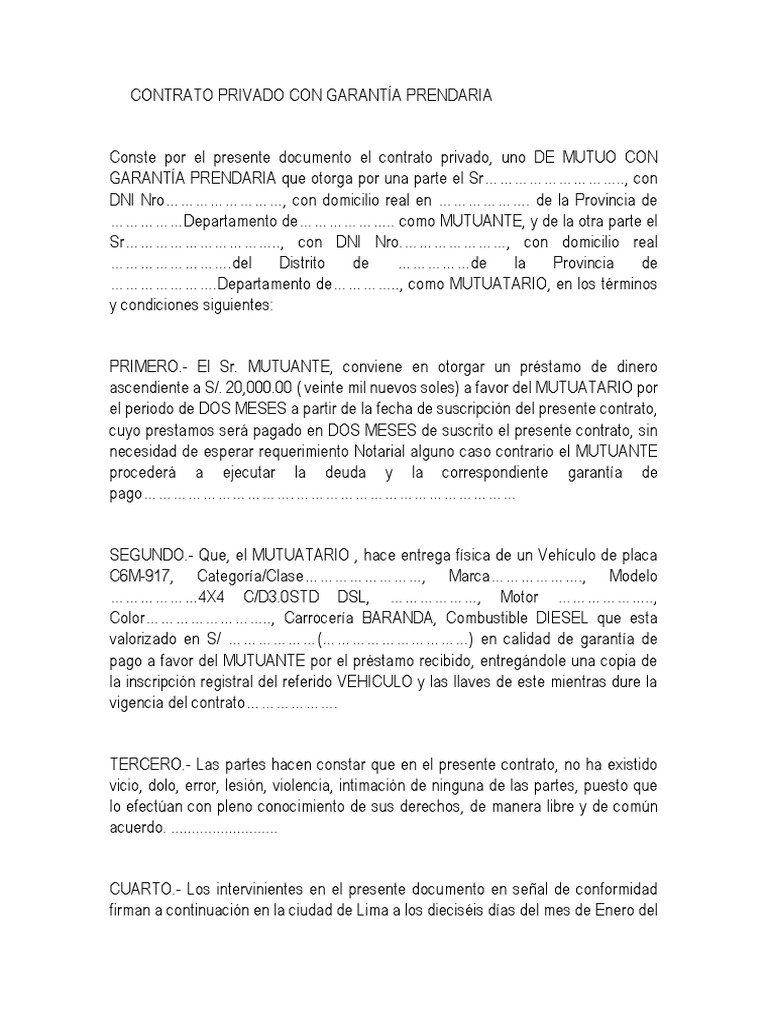 Contrato de Préstamo con Garantía Prendaria | PDF | Negocios | Finanzas ...
