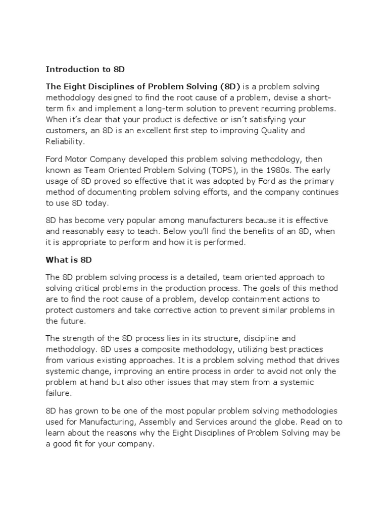 Introduction To 8D The Eight Disciplines of Problem Solving (8D) Is A ...