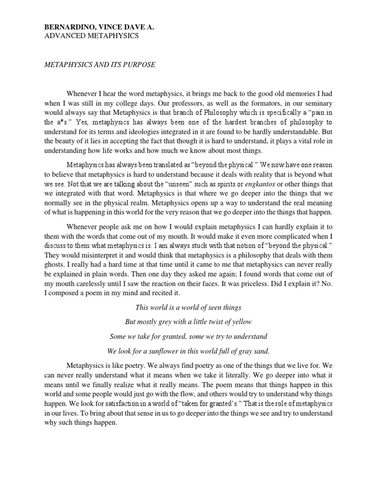 term paper on metaphysics and reality pdf