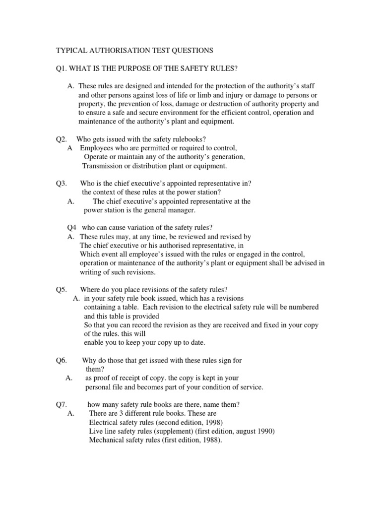 Typical Authorisation Test Questions PDF Electrical Substation