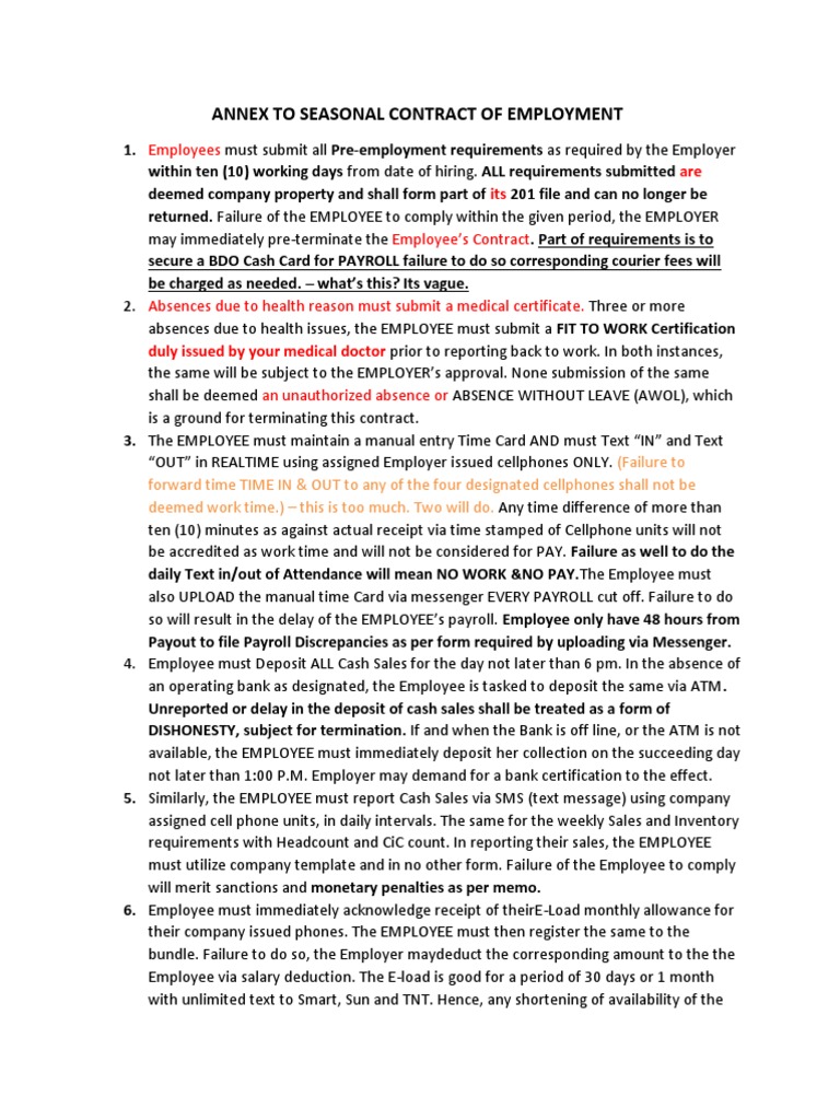 Annex To Seasonal Contract of Employment - F&F | PDF | Payroll | Employment