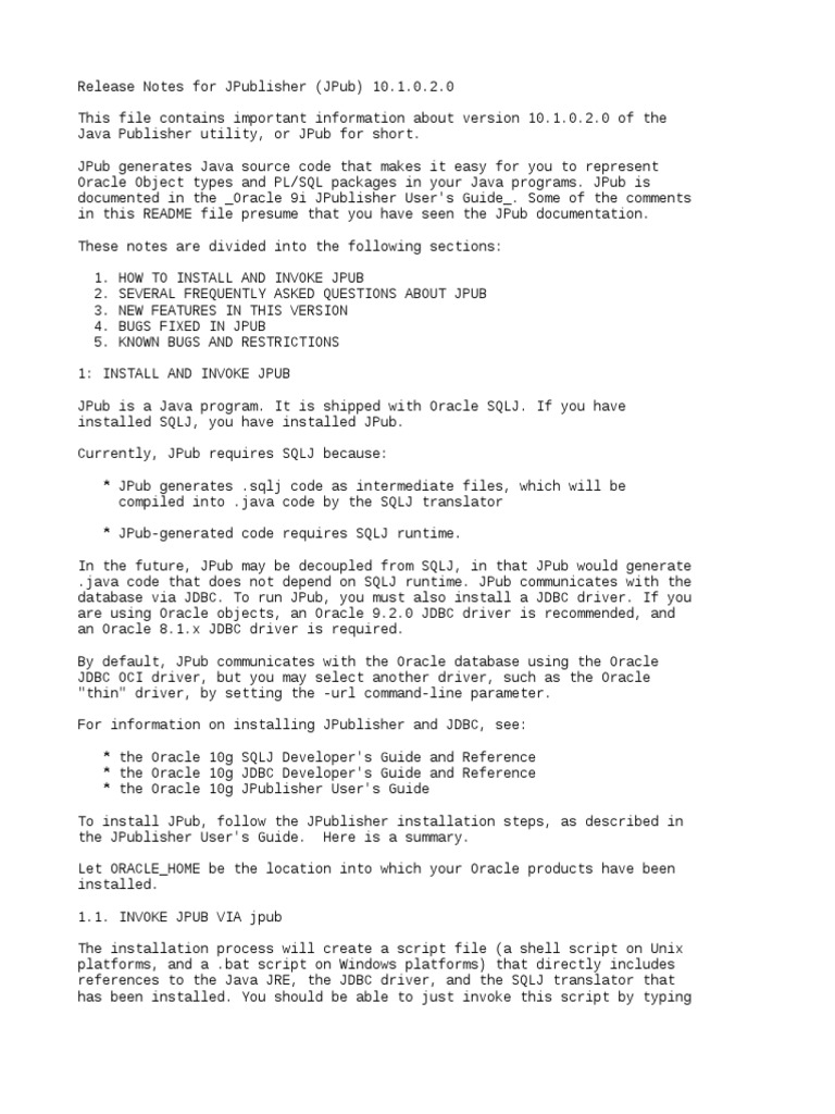 JPublisher 10.1.0.2.0 Release Notes | PDF | Pl/Sql | Oracle Database