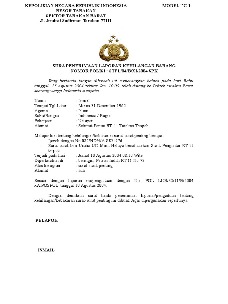 26937889 Contoh Surat Tanda Penerima Laporan Kehilangan Barang Model C 1 1 Doc