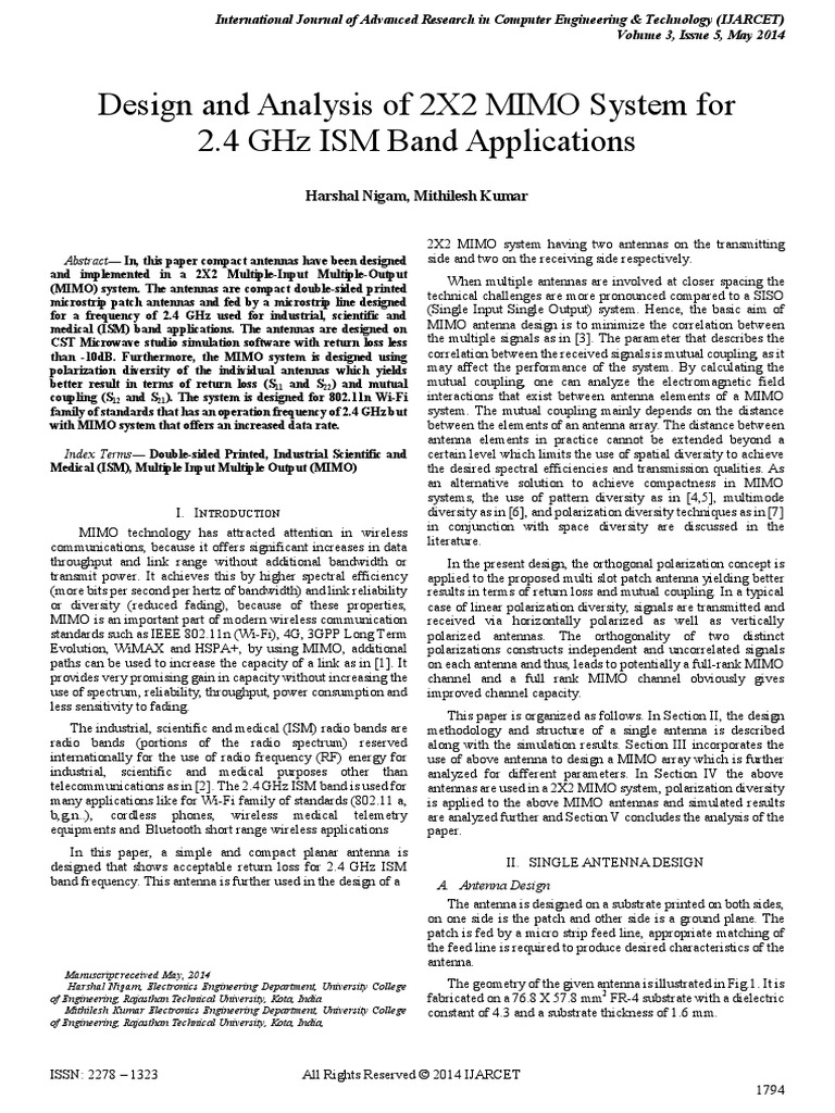 Design and Analysis of 2X2 Mimo System For 2.4 GHZ Ism Band ...