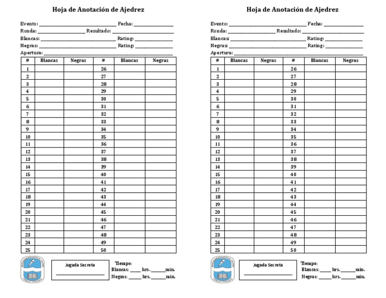 Hoja de Anotación de Ajedrez PDF Deportes Ajedrez