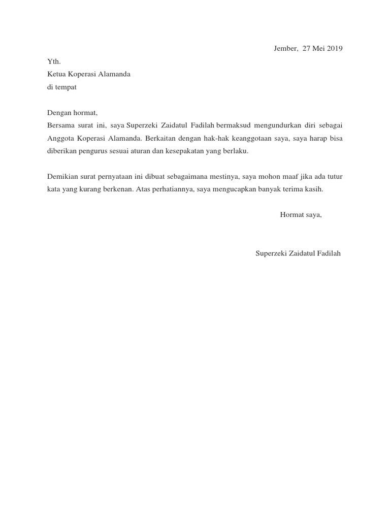 Surat Pengunduran Diri Koperasi Pdf