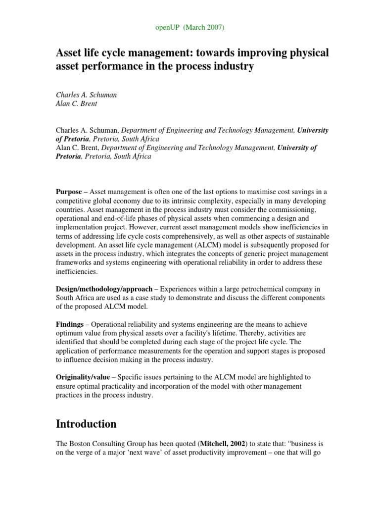 Optimizing Asset Life Cycle in Process Industry | PDF | Reliability ...
