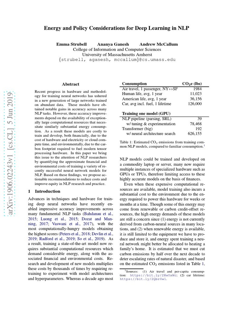 Energy and Policy Considerations For Deep Learning in NLP Download