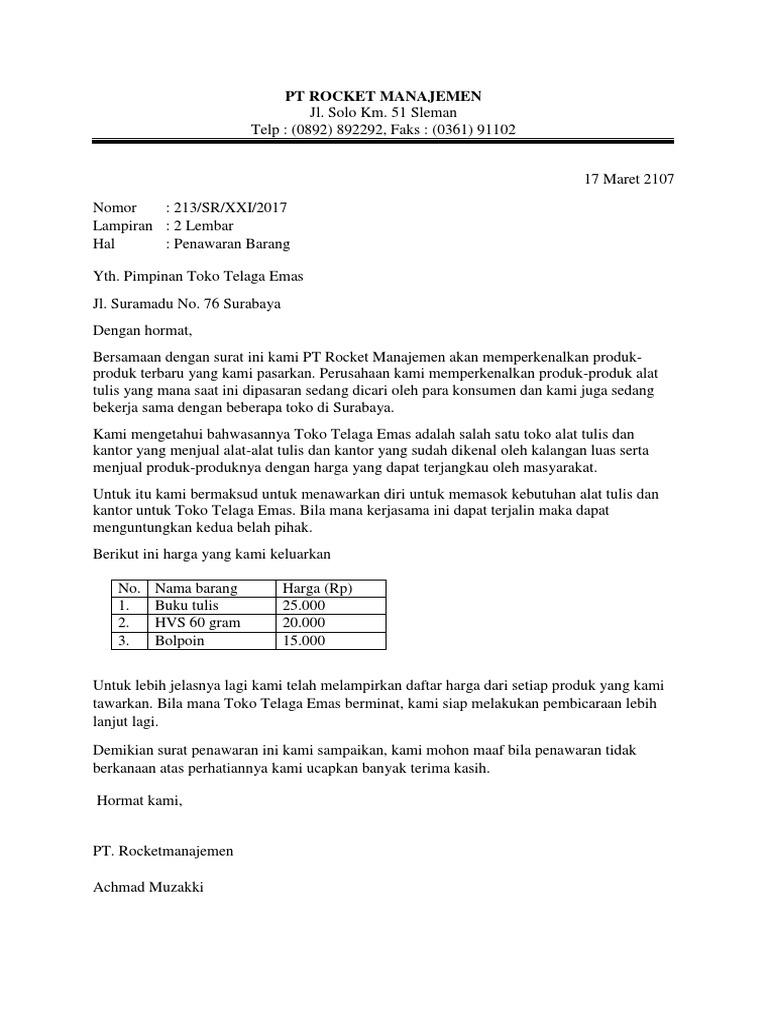 Contoh Surat Penawaran Barang Docx